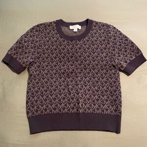 Michael Kors Brown Logo Jacquard Short Sleeve Sweater